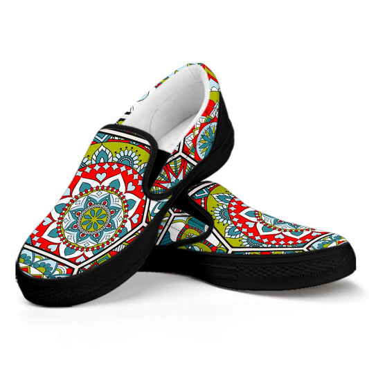Oriental Mandala Bohemian Pattern Print Black Slip On Sneakers