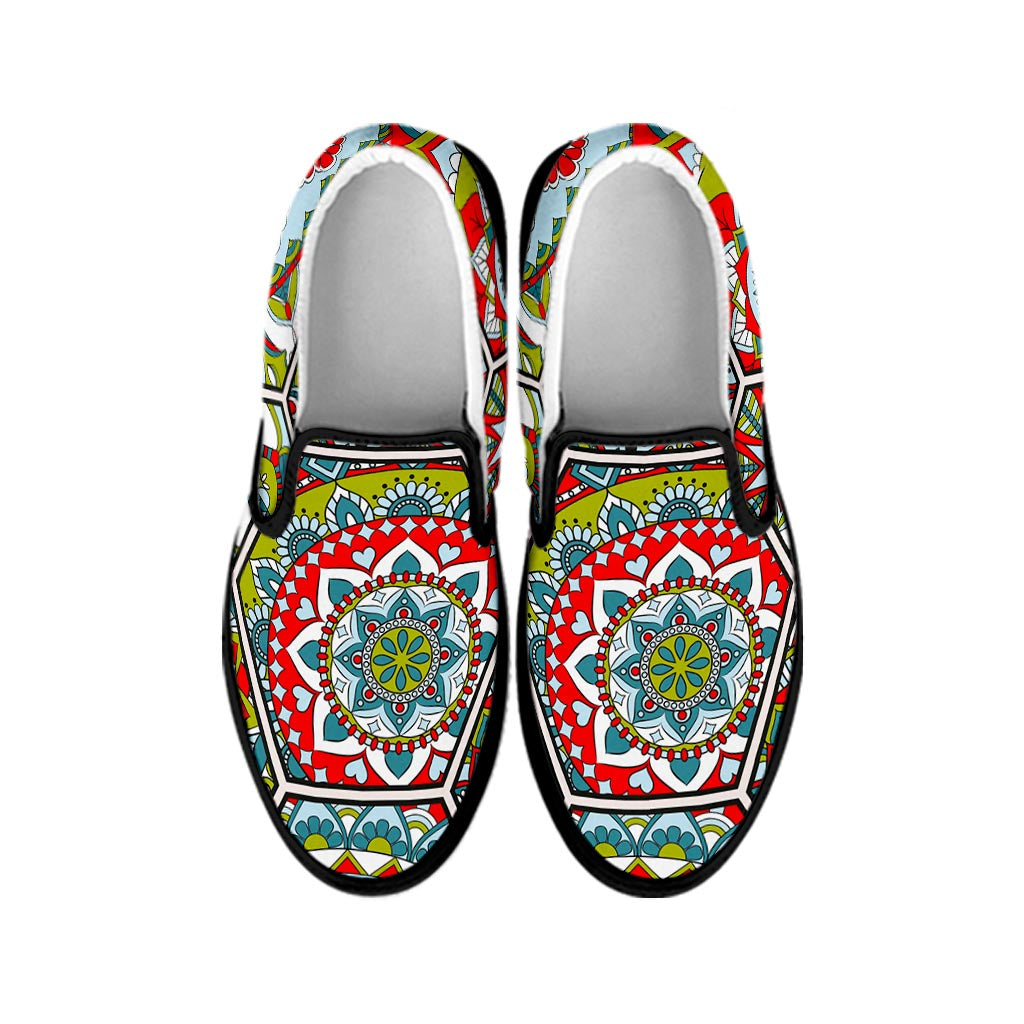 Oriental Mandala Bohemian Pattern Print Black Slip On Sneakers