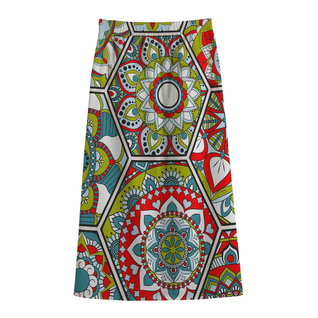 Oriental Mandala Bohemian Pattern Print Cotton Front Slit Maxi Skirt