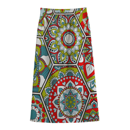 Oriental Mandala Bohemian Pattern Print Cotton Front Slit Maxi Skirt
