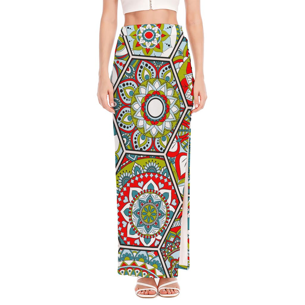 Oriental Mandala Bohemian Pattern Print High Slit Maxi Skirt