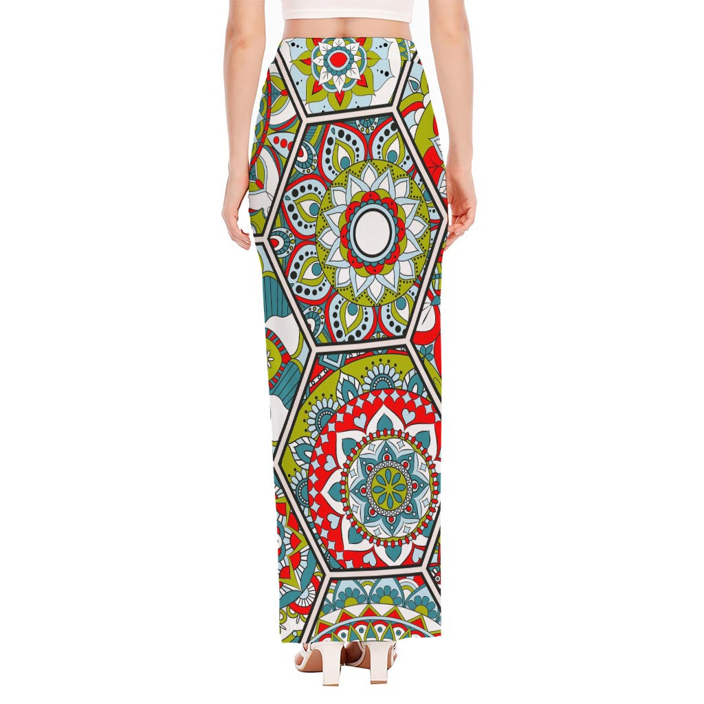 Oriental Mandala Bohemian Pattern Print High Slit Maxi Skirt