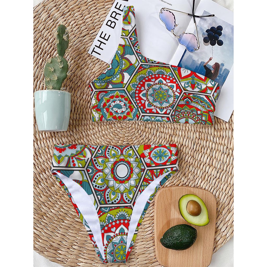 Oriental Mandala Bohemian Pattern Print One Shoulder Bikini Top