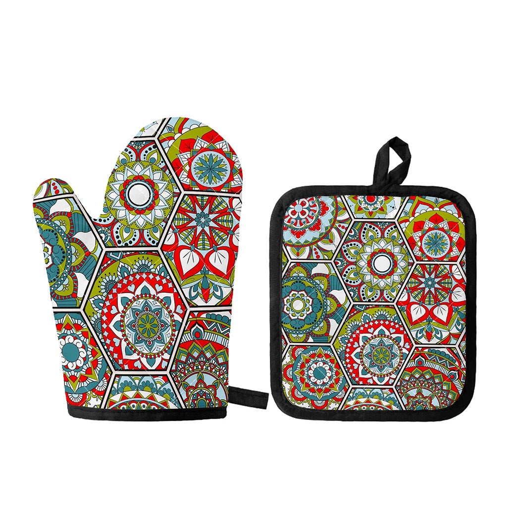Oriental Mandala Bohemian Pattern Print Oven Mitt And Pot Holder Set