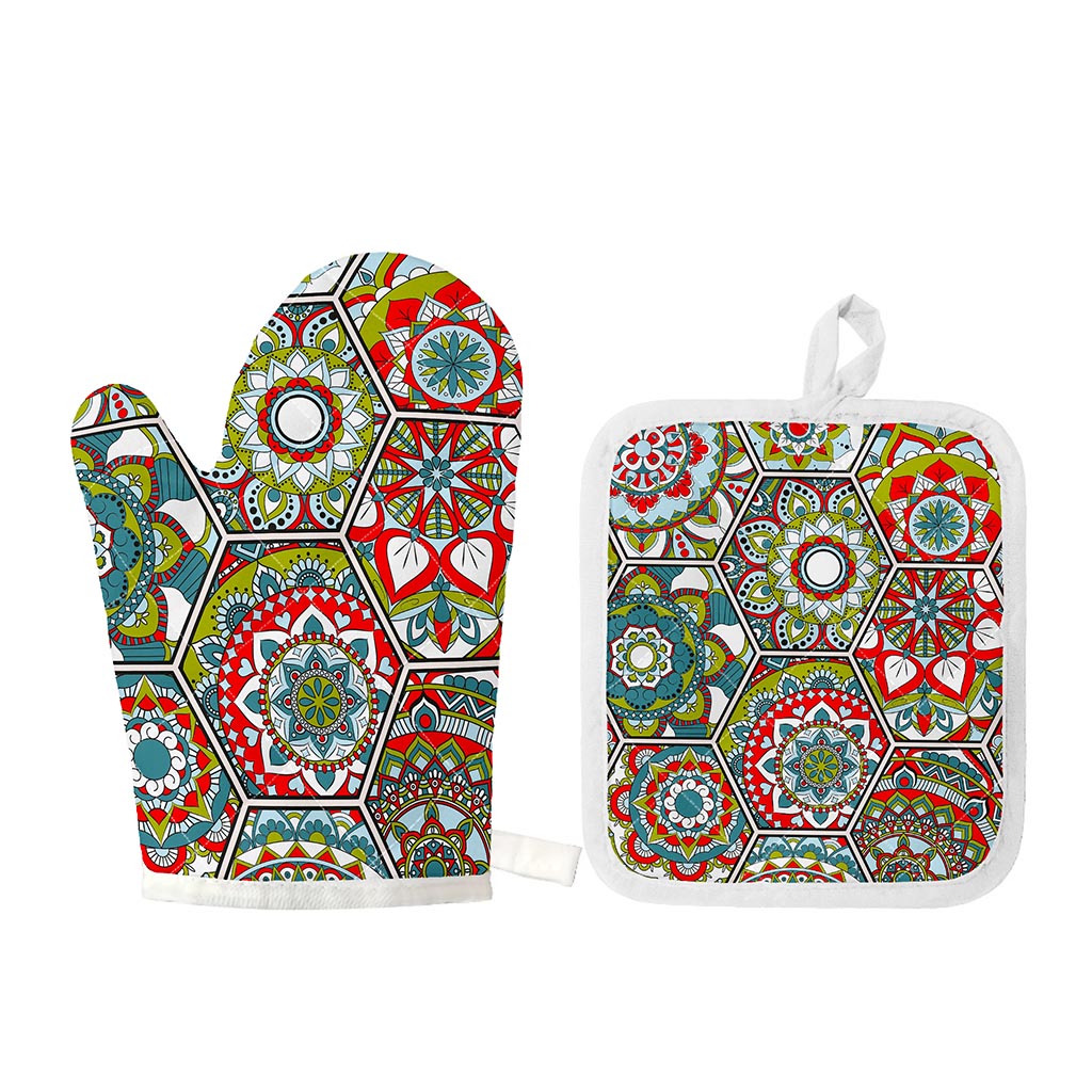 Oriental Mandala Bohemian Pattern Print Oven Mitt And Pot Holder Set