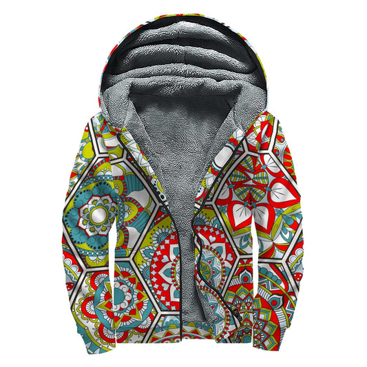 Oriental Mandala Bohemian Pattern Print Sherpa Lined Zip Up Hoodie