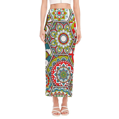 Oriental Mandala Bohemian Pattern Print Side Slit Maxi Skirt