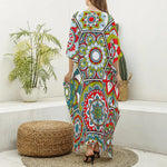 Oriental Mandala Bohemian Pattern Print Silk V-Neck Kaftan Dress