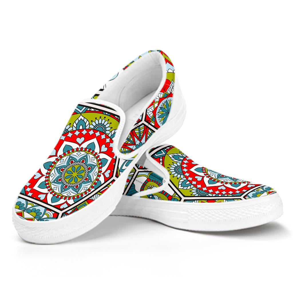 Oriental Mandala Bohemian Pattern Print White Slip On Sneakers