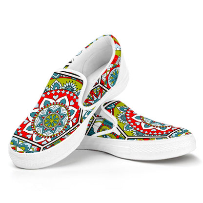 Oriental Mandala Bohemian Pattern Print White Slip On Sneakers