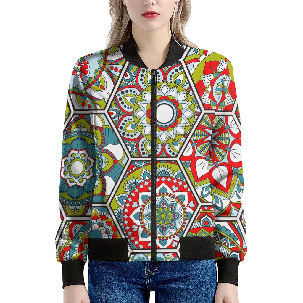 Oriental Mandala Bohemian Pattern Print Women's Bomber Jacket