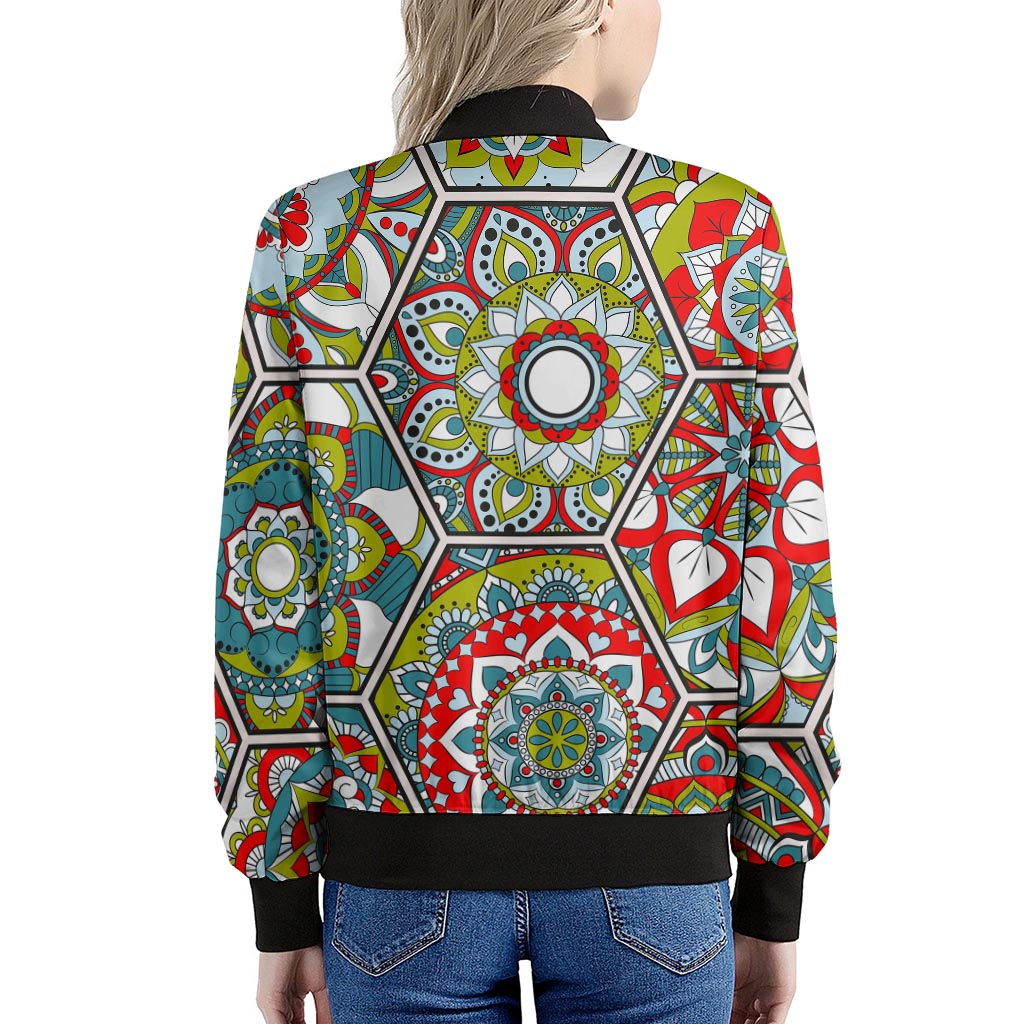 Oriental Mandala Bohemian Pattern Print Women's Bomber Jacket