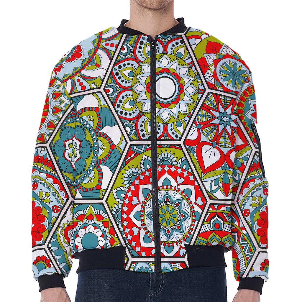 Oriental Mandala Bohemian Pattern Print Zip Sleeve Bomber Jacket