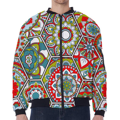 Oriental Mandala Bohemian Pattern Print Zip Sleeve Bomber Jacket