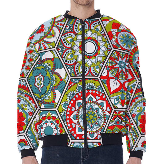 Oriental Mandala Bohemian Pattern Print Zip Sleeve Bomber Jacket