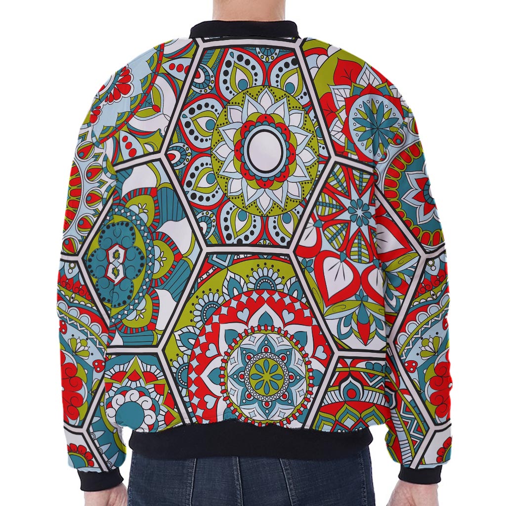 Oriental Mandala Bohemian Pattern Print Zip Sleeve Bomber Jacket
