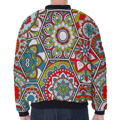 Oriental Mandala Bohemian Pattern Print Zip Sleeve Bomber Jacket