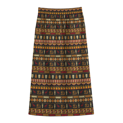 Ornament Egyptian Pattern Print Cotton Front Slit Maxi Skirt