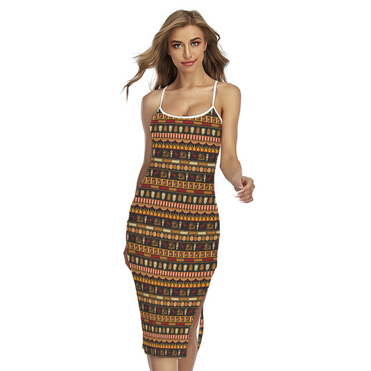 Ornament Egyptian Pattern Print Cross Back Cami Dress