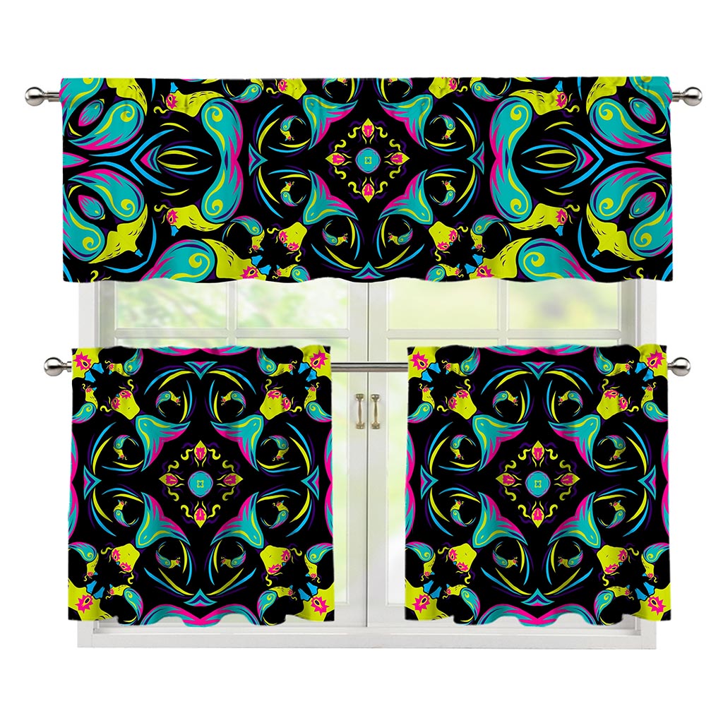 Ornament Psychedelic Trippy Print 3 Piece Kitchen Curtains