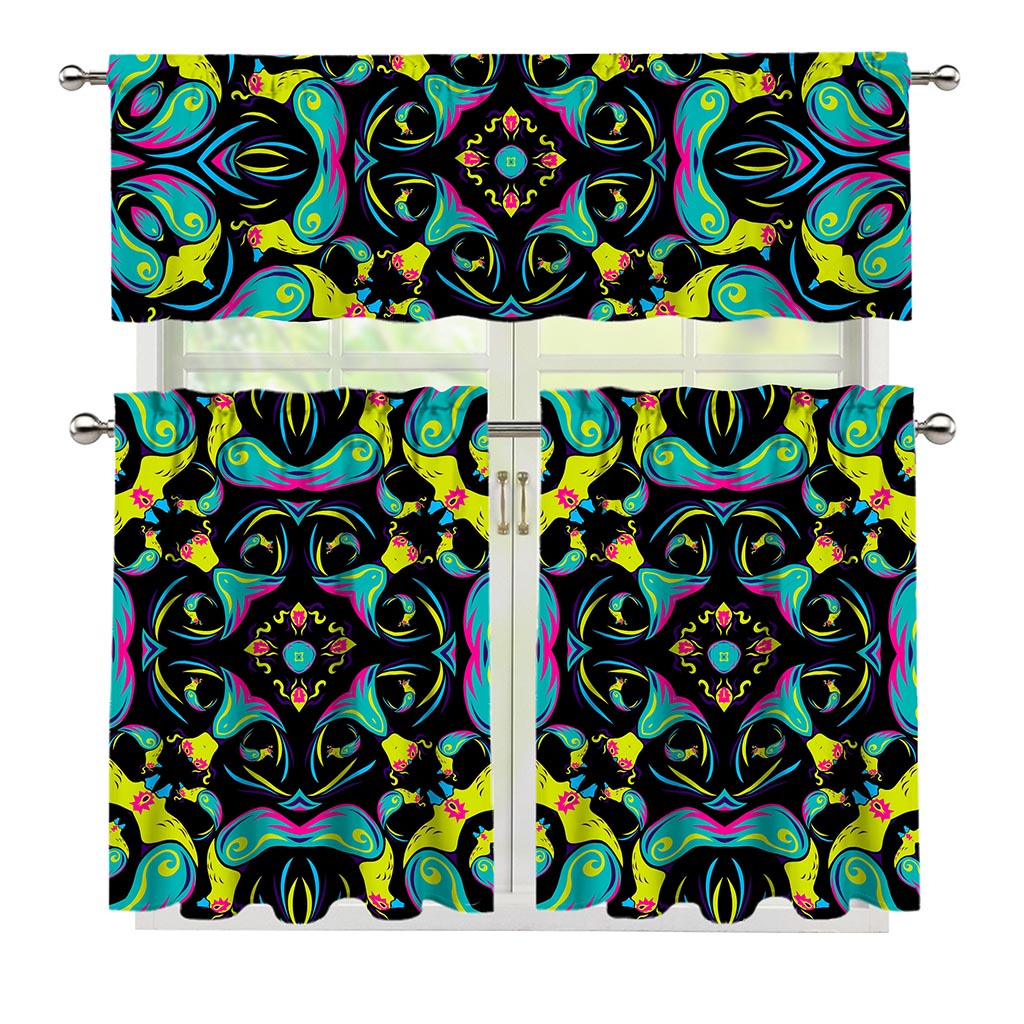 Ornament Psychedelic Trippy Print 3 Piece Kitchen Curtains