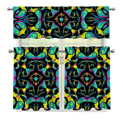 Ornament Psychedelic Trippy Print 3 Piece Kitchen Curtains