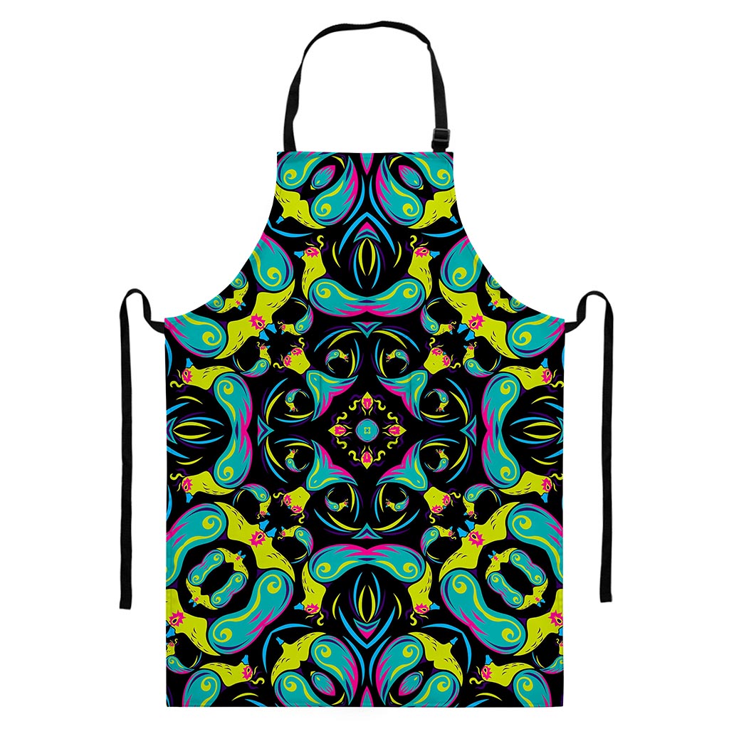 Ornament Psychedelic Trippy Print Bib Apron With Pocket