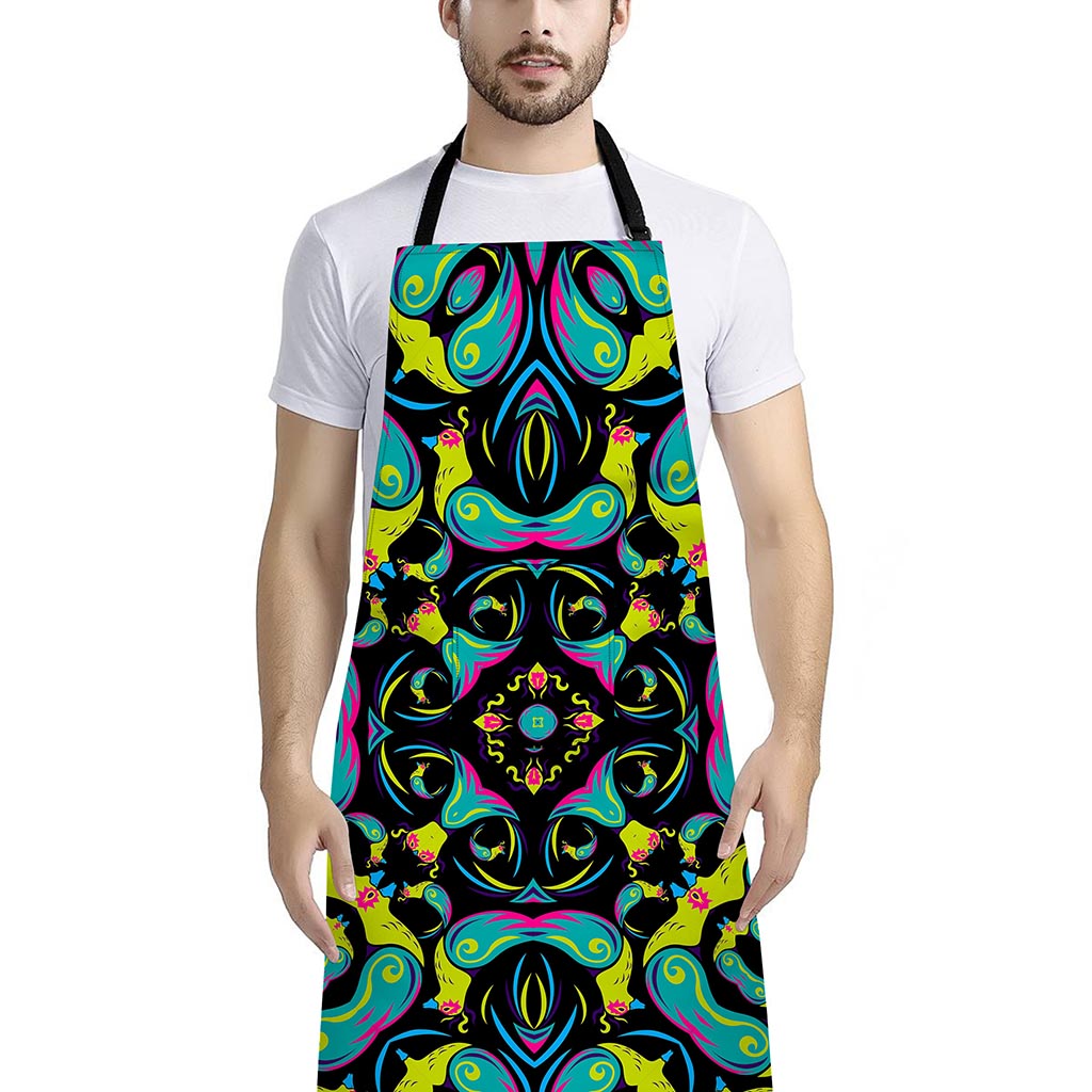Ornament Psychedelic Trippy Print Bib Apron With Pocket