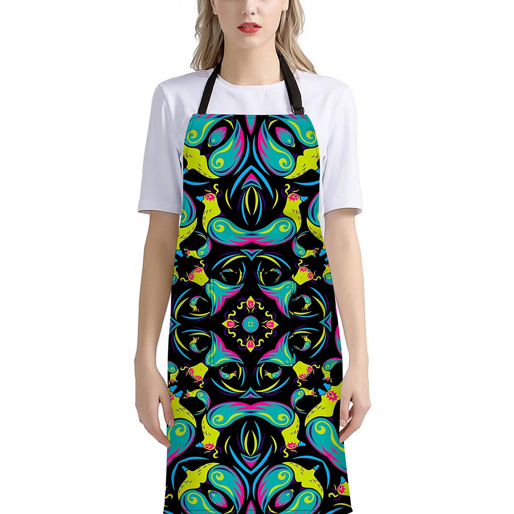 Ornament Psychedelic Trippy Print Bib Apron With Pocket