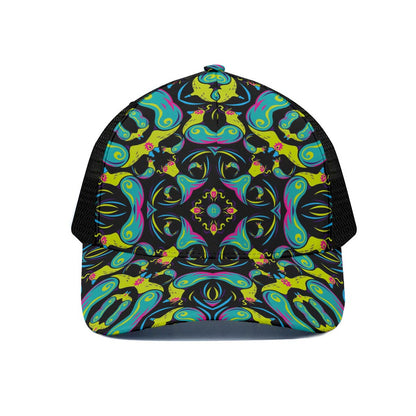 Ornament Psychedelic Trippy Print Black Mesh Trucker Cap