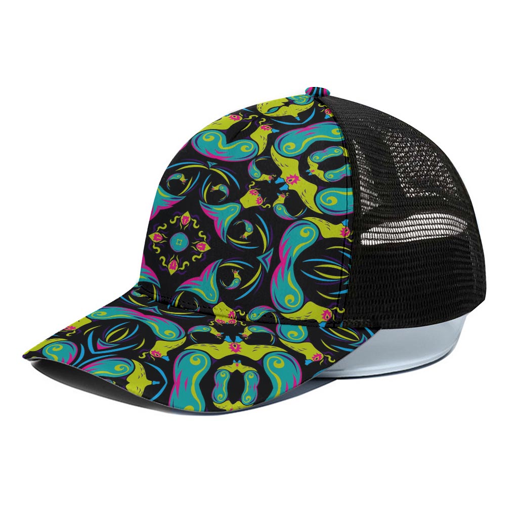 Ornament Psychedelic Trippy Print Black Mesh Trucker Cap