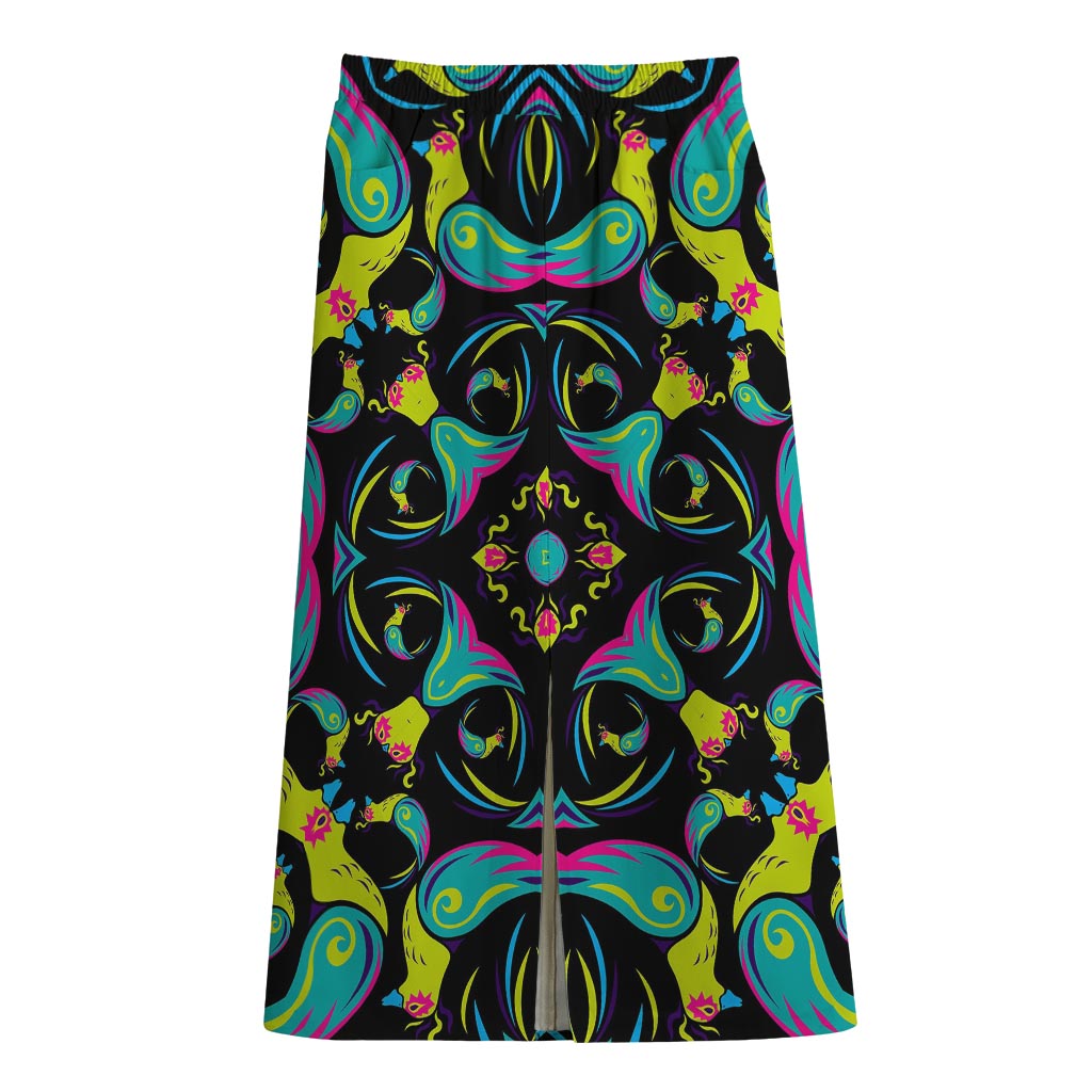 Ornament Psychedelic Trippy Print Cotton Front Slit Maxi Skirt