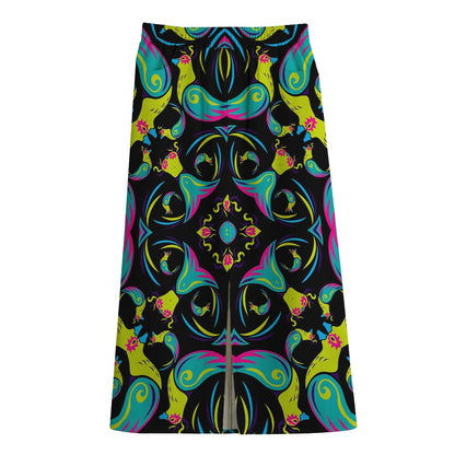 Ornament Psychedelic Trippy Print Cotton Front Slit Maxi Skirt