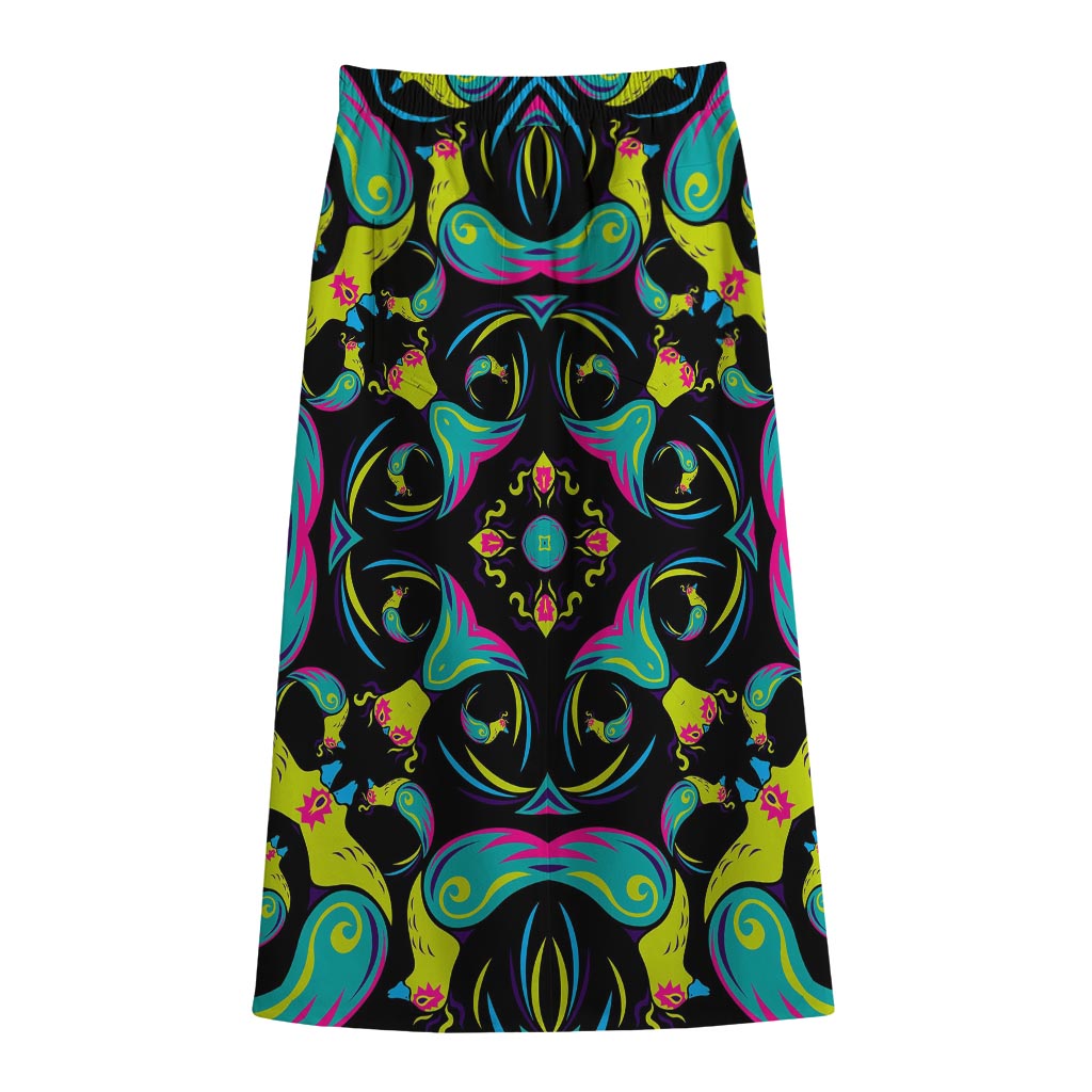 Ornament Psychedelic Trippy Print Cotton Front Slit Maxi Skirt