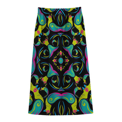 Ornament Psychedelic Trippy Print Cotton Front Slit Maxi Skirt