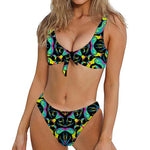 Ornament Psychedelic Trippy Print Front Bow Tie Bikini