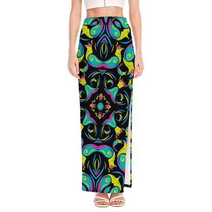 Ornament Psychedelic Trippy Print High Slit Maxi Skirt