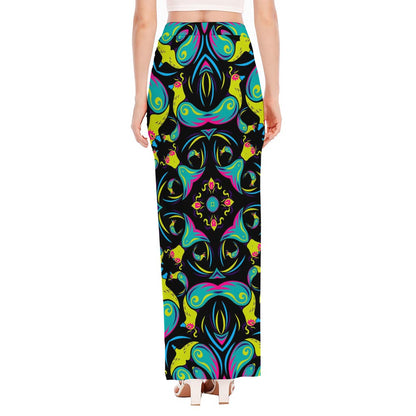 Ornament Psychedelic Trippy Print High Slit Maxi Skirt