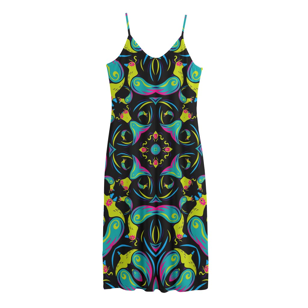 Ornament Psychedelic Trippy Print Jersey Midi Cami Dress