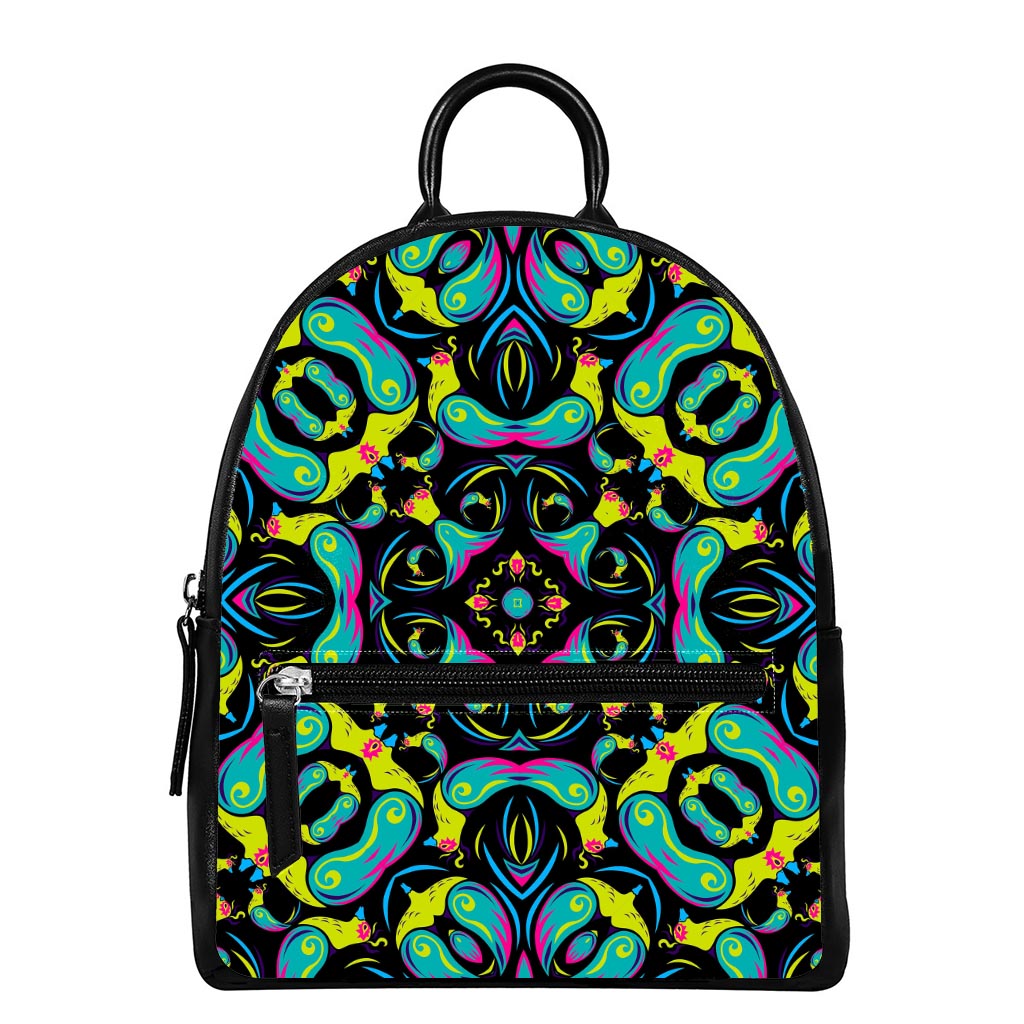 Ornament Psychedelic Trippy Print Leather Backpack