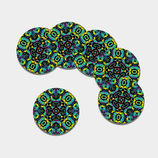Ornament Psychedelic Trippy Print Leather Coaster Set