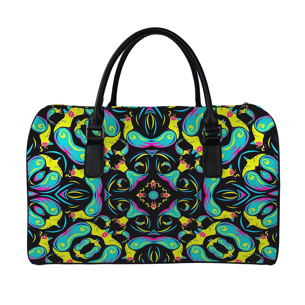 Ornament Psychedelic Trippy Print Leather Duffle Bag