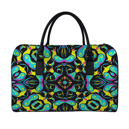 Ornament Psychedelic Trippy Print Leather Duffle Bag
