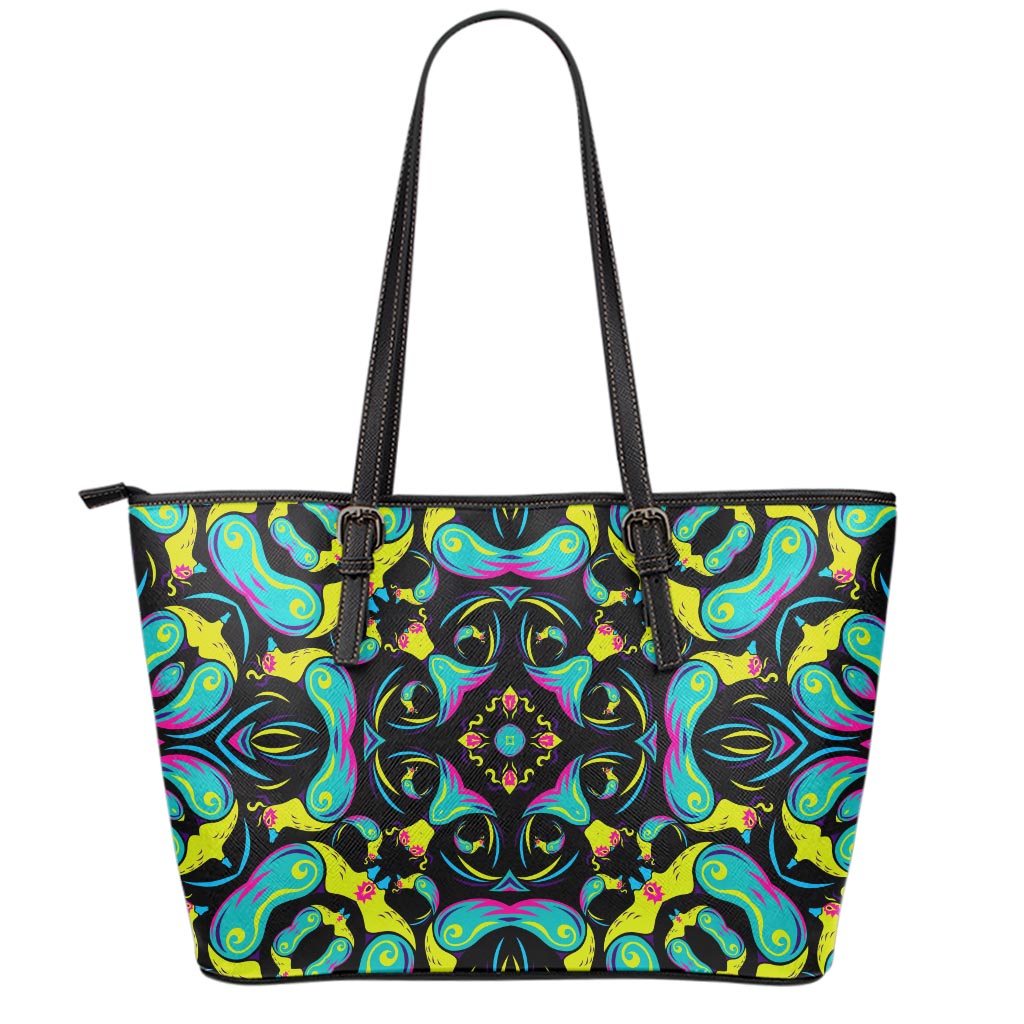 Ornament Psychedelic Trippy Print Leather Tote Bag