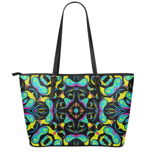 Ornament Psychedelic Trippy Print Leather Tote Bag