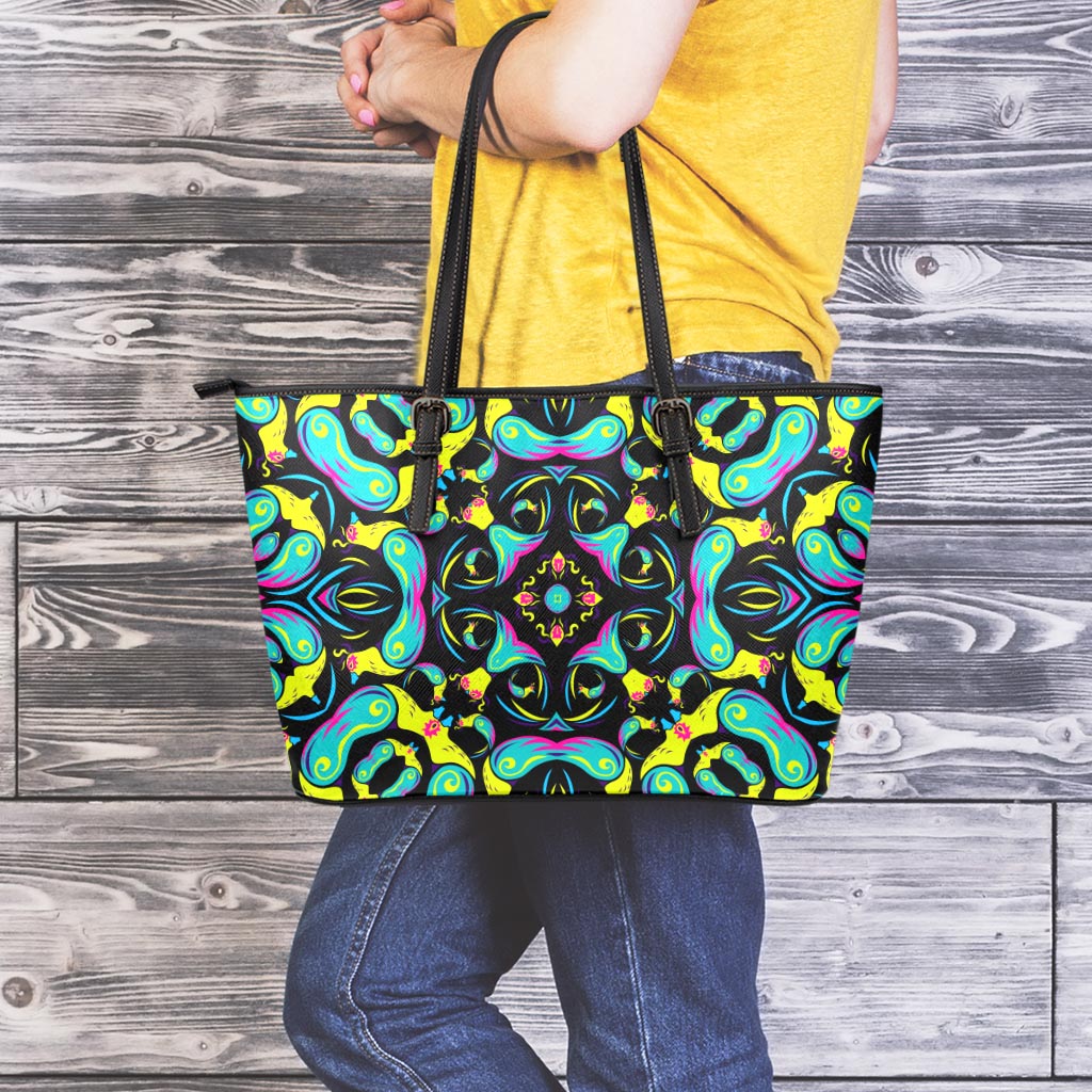 Ornament Psychedelic Trippy Print Leather Tote Bag