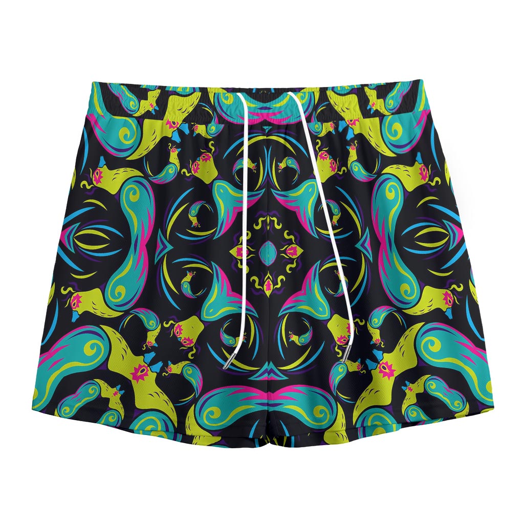 Ornament Psychedelic Trippy Print Mesh Shorts