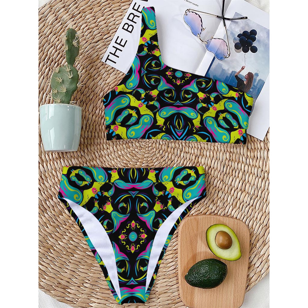 Ornament Psychedelic Trippy Print One Shoulder Bikini Top