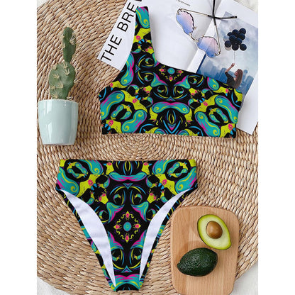 Ornament Psychedelic Trippy Print One Shoulder Bikini Top