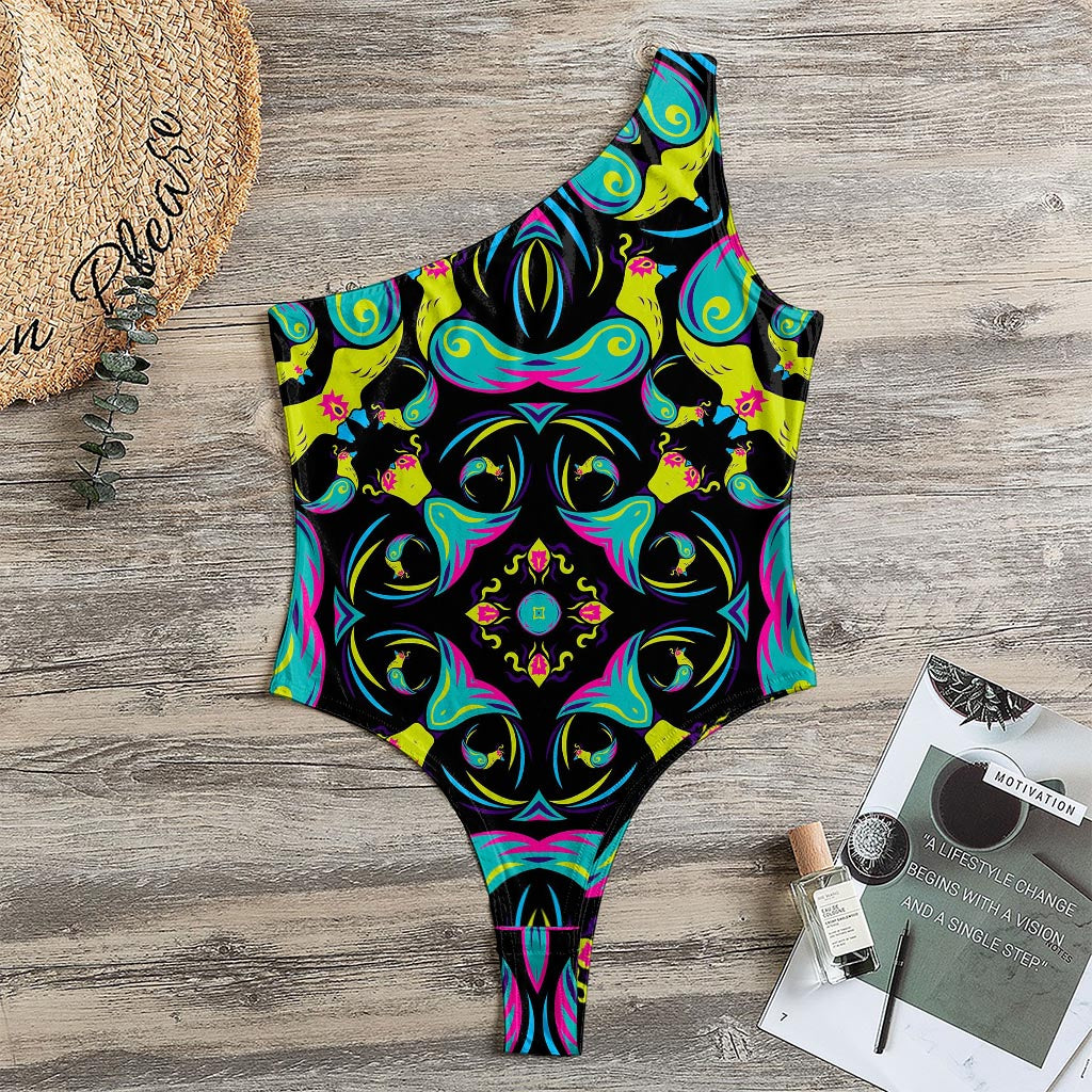 Ornament Psychedelic Trippy Print One Shoulder Bodysuit